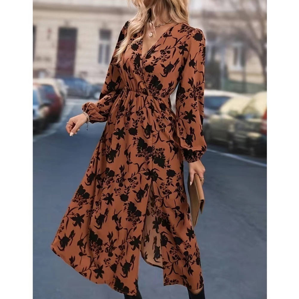 Women’s Allover Floral Print Bishop Long Sleeve V Neck High Slit Midi Dress New - Picture 4 of 7
